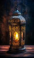 Illuminated arabic lantern casting intricate patterns on wooden surface a celebration light photo