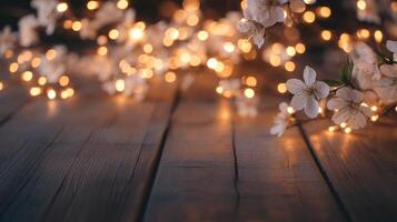 Enchanted blossoms and gentle lights create a warm cozy scene on a weathered wooden surface photo