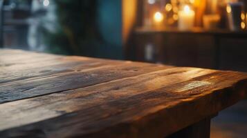 Rustic wooden tabletop illuminated by candlelight ambiance invites warm gatherings space photo