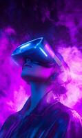 Immersive virtual reality experience with futuristic headset and captivating visual effects photo