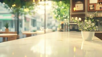 Serene Cafe Interior with Sunlit Countertop and Floral Arrangement, Inviting Ambiance photo