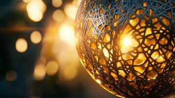 Intricate metal sphere glowing warmly against bokeh lights, evocative of festive celebration photo