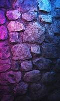 Stonewall imbued with otherworldly hues, textured rock formation exhibiting chromatic blend photo