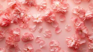 Delicate peach blossoms scattered on a soft blush backdrop radiating ethereal freshness and spring photo
