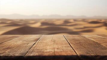 Sun baked desert vista from a rustic wooden tabletop perfect for product mockups and presentations photo