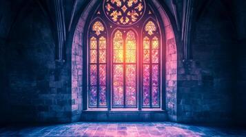 Illuminated gothic stained glass window casts vivid light within a stone church setting photo