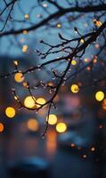 Dreamy evening ambiance featuring glistening branches and bokeh lights in muted tones photo