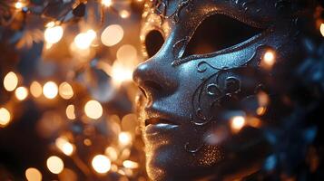 Mysterious venetian mask adorned with intricate details surrounded by soft golden bokeh lights photo