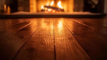 Warmth emanating from a crackling fireplace casting a soft glow on polished wooden floorboards photo