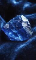 Luminous azure crystal resting on a dark velvet surface with sparkling reflections and edges photo