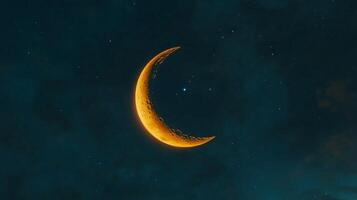 Ethereal crescent moon gleaming brightly amongst distant celestial twinkling orbs above nightscape photo