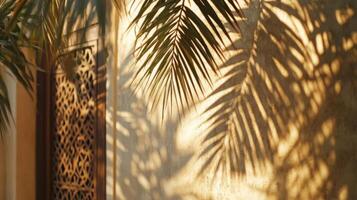 Golden light plays with palm shadows and ornate window design, evoking a sense of tranquility photo
