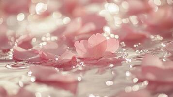 Delicate pink petals floating gracefully on glimmering water surface with soft light bokeh photo
