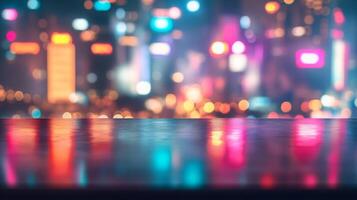 Abstract cityscape backdrop with illuminated reflections shimmering on the polished surface photo
