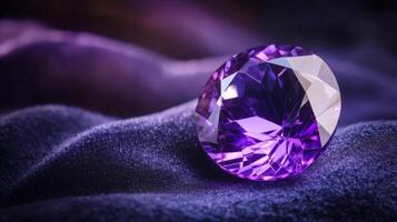 Amethyst radiance a macro perspective of faceted gemstone on velvet fabric with captivating hue photo