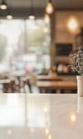 Elegant countertop in a coffee shop setting, accented by delicate blooms, warm lighting and ambiance photo