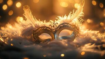Elegant venetian mask with feathers and bokeh lights, shimmering with festive glamour photo