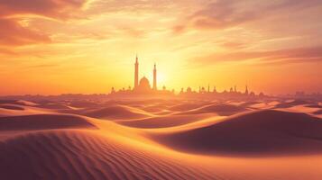 Arabian city skyline silhouetted against a warm, ethereal sunset over undulating sand dunes photo
