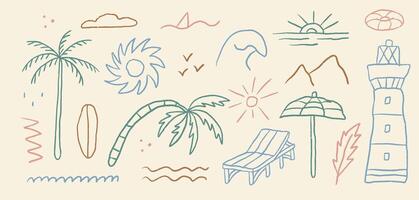 Groovy ink beach summer outline elements. Drawn palm tree and sunbed. Abstract minimal sea and sun in trendy retro naive simple style. vector