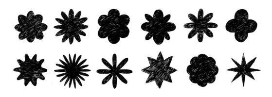 Set of silhouette drawing floral botanical shape in vintage ink style. Abstract textured black flowers. Hand drawn decorative elements. vector