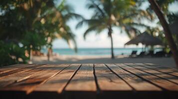 Tropical escape backdrop showcasing wooden plank surface with serene beach view photo