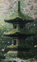 místico cubierto de musgo pagoda en sereno jardín con suavemente que cae Cereza florecer pétalos foto