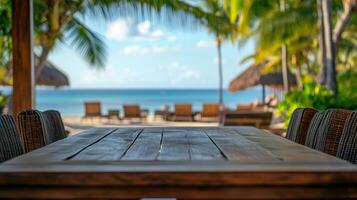 Inviting tropical escape, a restaurant table view to turquoise sea in a serene destination photo