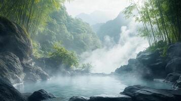 Tranquil mountain hot springs nestled amidst bamboo forest and mist for nature escape retreat photo