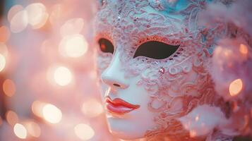 Elegant Venetian Mask with Intricate Details, Festive Background and Soft Bokeh Lights photo