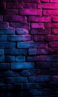 Vivid chromatic illumination revealing old brickwork texture against a darkened backdrop photo