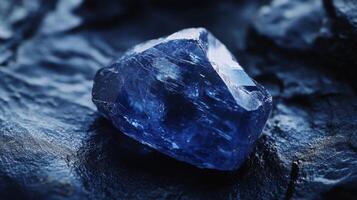 Captivating sapphire gemstone resting on a dark textured surface under delicate lighting photo