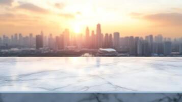 Urban marble expanse a versatile presentation stage overlooking city silhouette at sunset photo