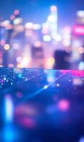 Neon illuminated cityscape reflection at night with futuristic vibes, urban landscape photo