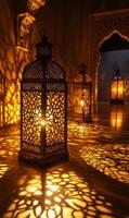 Decorative lanterns cast intricate shadow patterns in a dimly lit interior space with arches photo