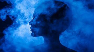 Silhouette in vaporous azure depths, A portrait of mystery and ethereal beauty concept photo