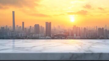 Marble surface, city skyline with golden sunset, product display for luxury urban background photo
