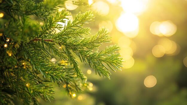 Festive evergreen branch aglow with blurred golden lights adding a joyful ambiance photo