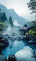Mystical onsen retreat with ethereal mist, set against majestic mountains and lush greenery photo
