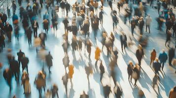 Blurred Motion of Commuters Walking in a Busy City Represents Urban Lifestyle photo
