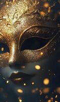 Elegance Unveiled, A Golden Venetian Mask Shimmers in the Dark with Mysterious Charm photo