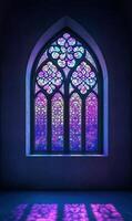 Majestic stained glass window casting a vibrant glow in a quiet, darkened chamber photo
