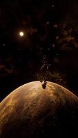 a large cluster of asteroids near an unknown planet, vertical video