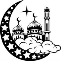 Islamic Silhouette with Crescent Moon and Stars Black and White vector