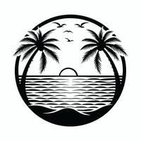 Tropical Island Silhouette Circle Design with Palm Trees and Sun vector