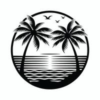 Sunset Beach Scene Palm Trees and Ocean Silhouette Illustration vector