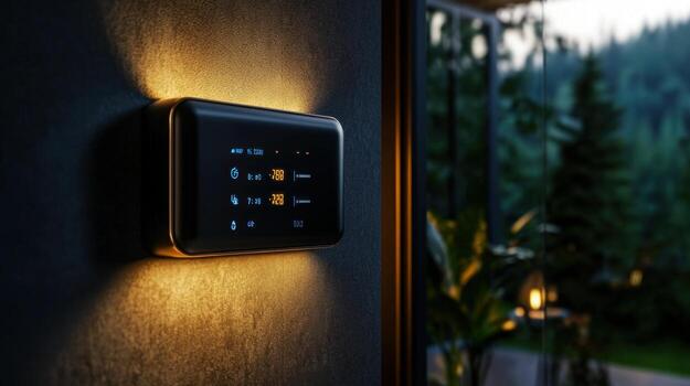 A smart thermostat with a blue and yellow display photo