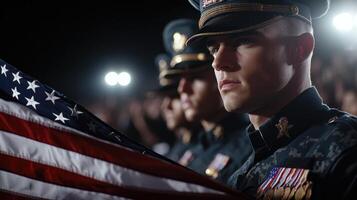 A military man holding an american flag photo