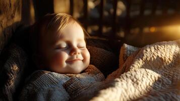 A baby sleeping in a blanket with the sun shining photo