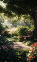 Sunlight dappled pathway through a serene garden leading to a wooden park bench seat photo
