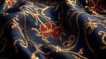 Intricate floral embroidery on deep blue fabric, enhanced with shimmering golden thread accents photo